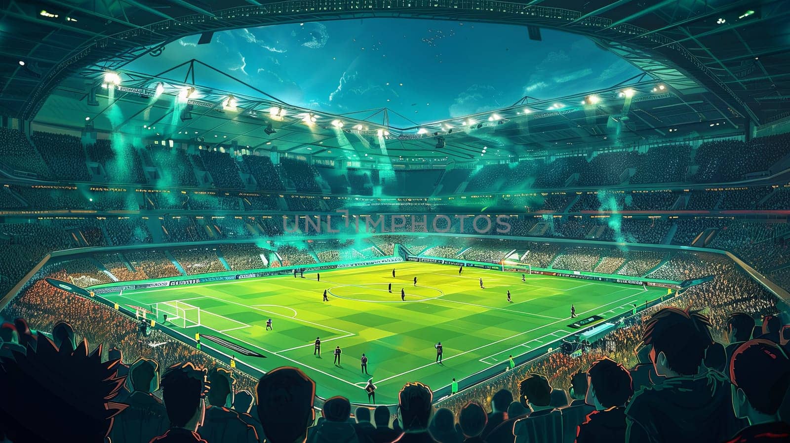 A bustling stadium filled with excited fans watching a football match on the field. Generative AI by AnatoliiFoto