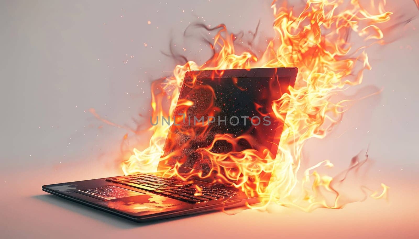 A laptop is on fire, with flames shooting out of it by AI generated image.