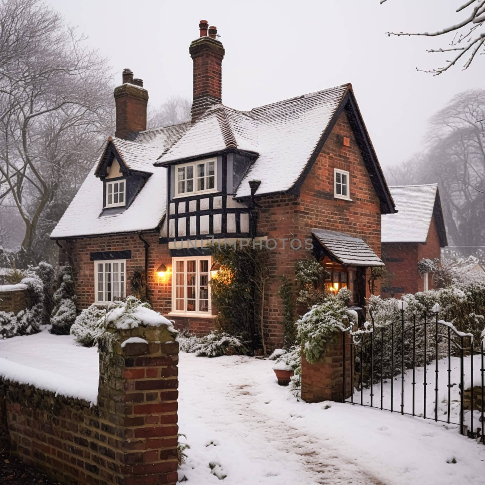 Beautiful country cottage decorated for Christmas on a snowy winter day, holiday and celebration, generative ai by Anneleven