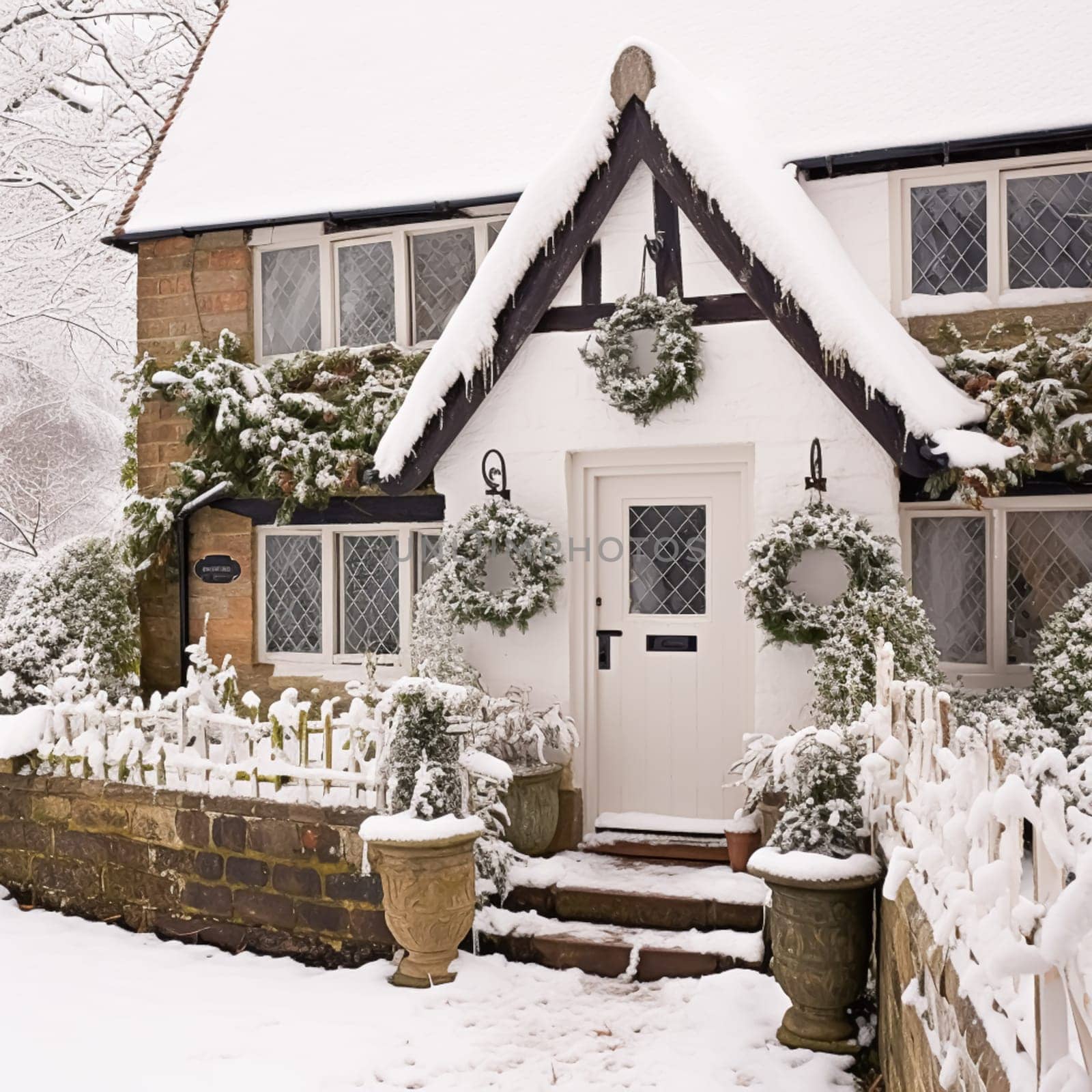 Beautiful country cottage decorated for Christmas on a snowy winter day, holiday and celebration, generative ai by Anneleven