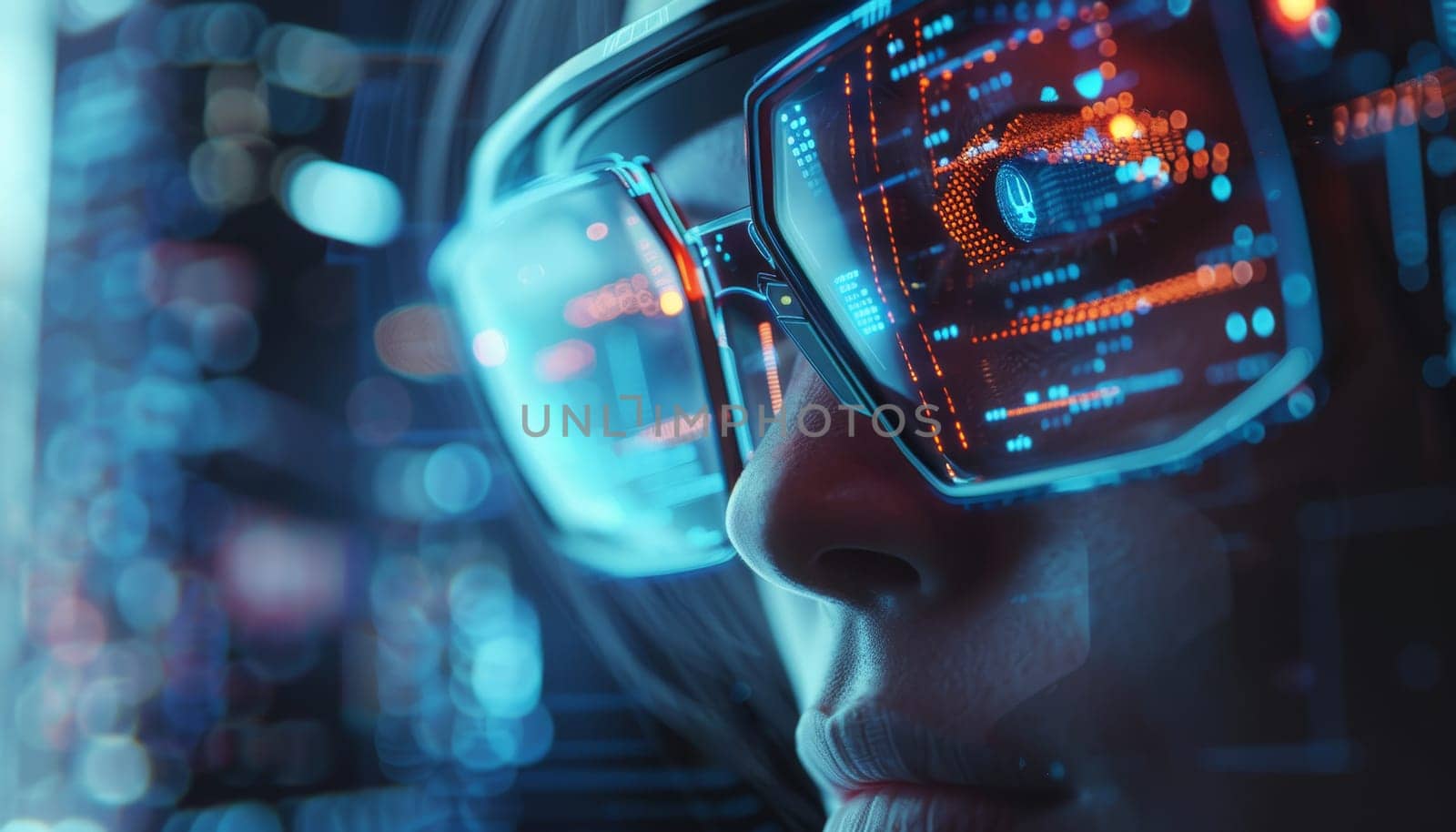 A woman is wearing virtual reality goggles and looking at a cityscape by AI generated image.