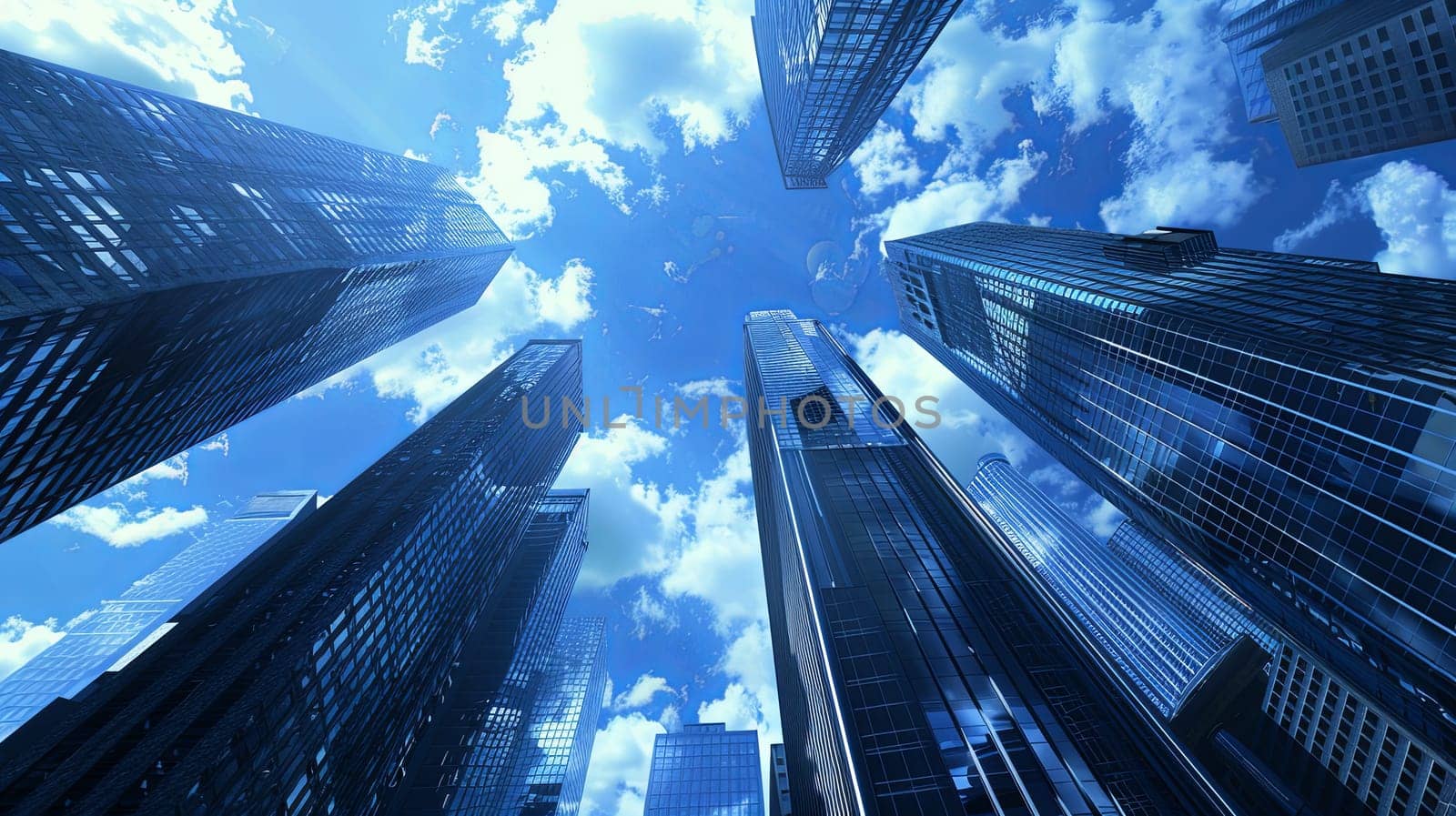 View from below of tall city buildings, known as skyscrapers, creating a towering urban landscape in a busy financial center.