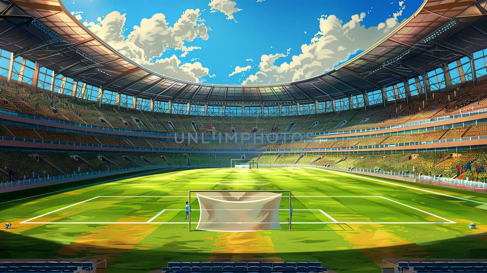 A detailed painting depicting a tennis court within a bustling stadium setting.