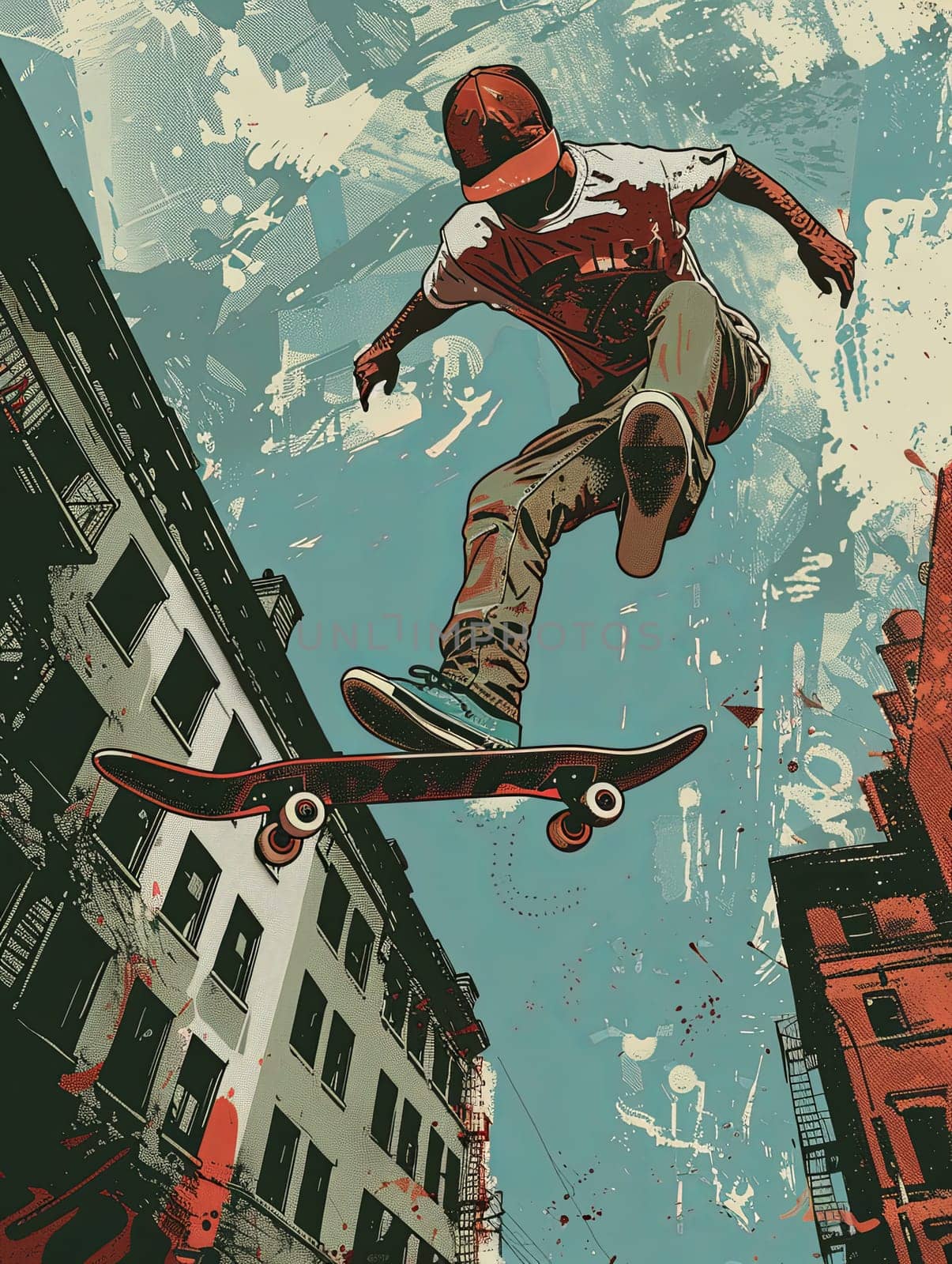 A man propels through the air while riding a skateboard in a dynamic urban setting.