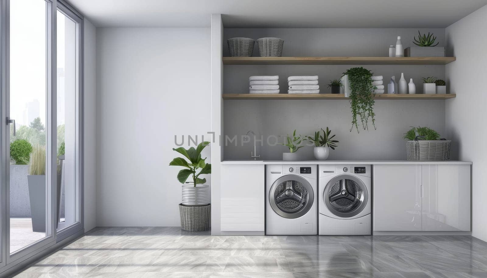 A white laundry room with a washer and dryer by AI generated image.
