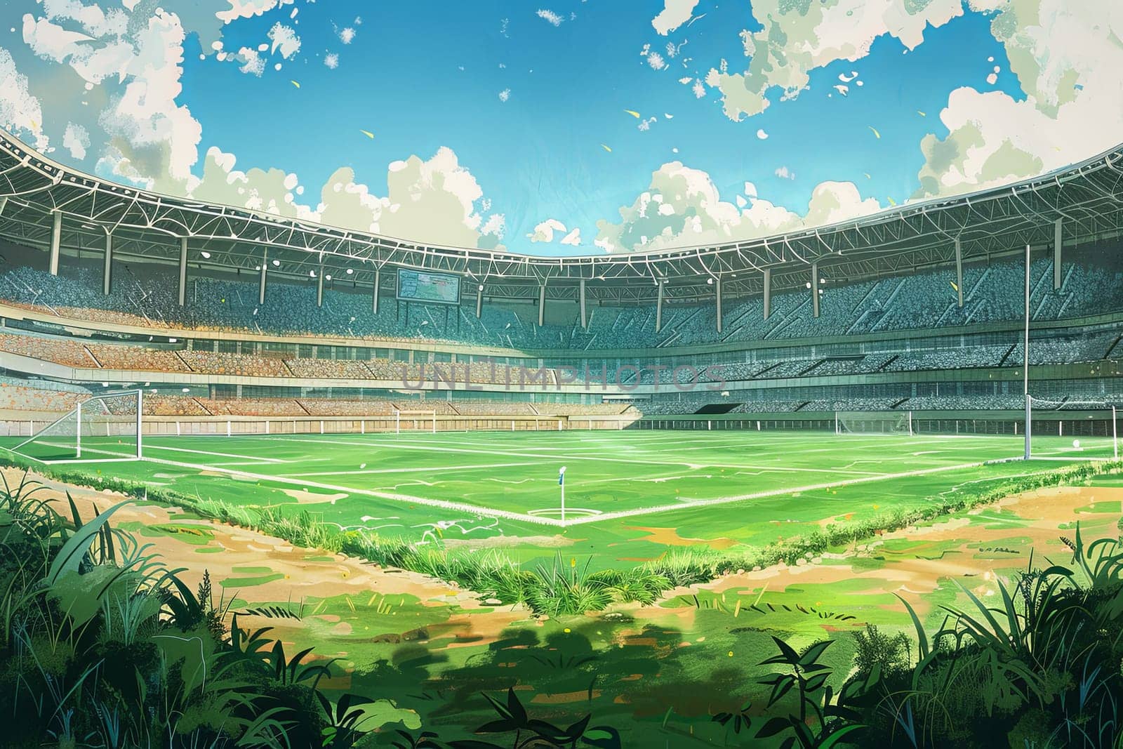 A vibrant painting capturing a soccer field in a bustling stadium with fans cheering in the stands.