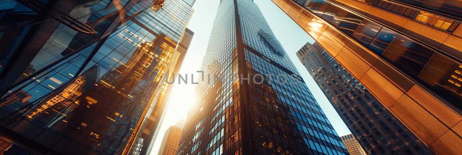 View from below of towering skyscrapers in the urban financial center of New York City.