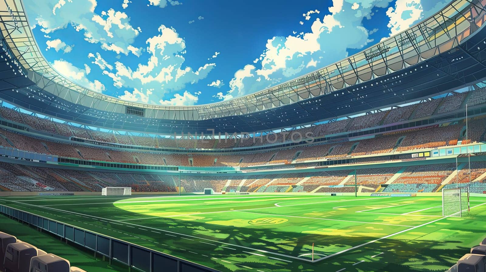 A soccer field in a stadium with a sky background, showcasing the central pitch with goalposts and green grass as fans cheer from the stands. Generative AI by AnatoliiFoto