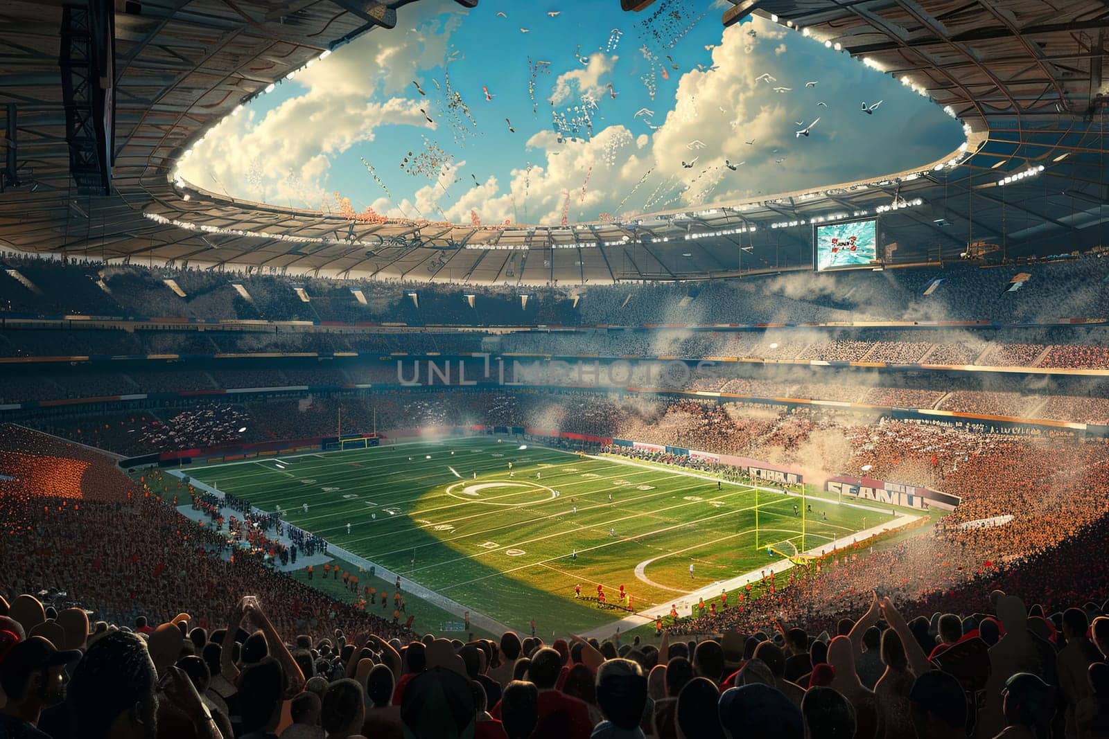 A packed stadium filled with thousands of cheering spectators watching a football match on the field. Generative AI by AnatoliiFoto