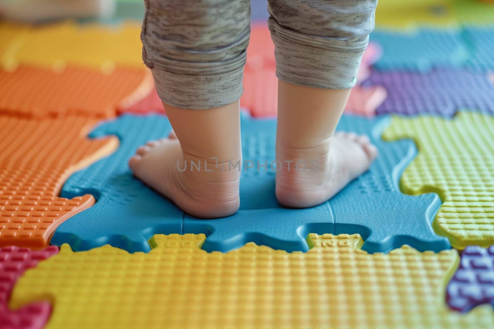 A close-up view of a childs bare feet standing on a vibrant puzzle mat with interlocking colorful pieces, creating a playful and educational setting.