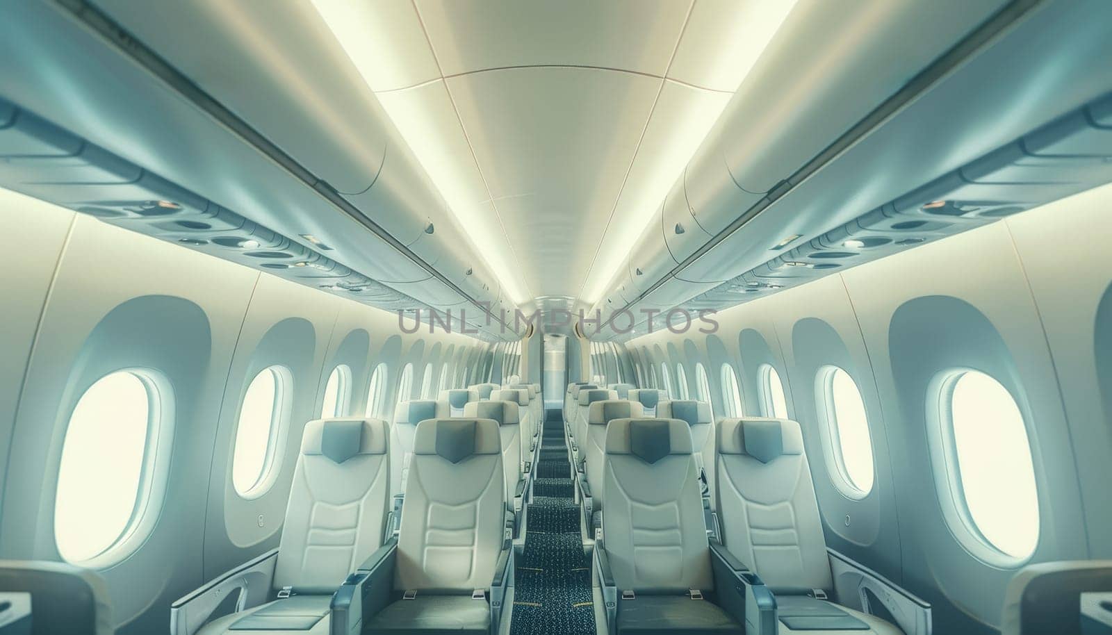 The inside of a plane is shown with a lot of white and blue by AI generated image.