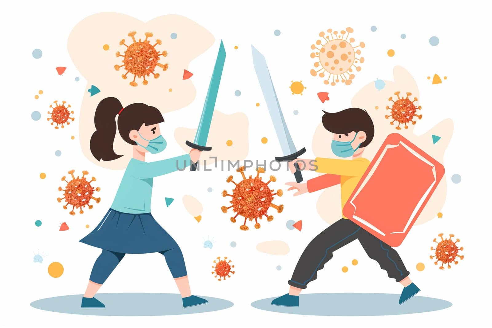 Two individuals engaged in a sword fight, standing in front of a backdrop of menacing coronavirus particles.