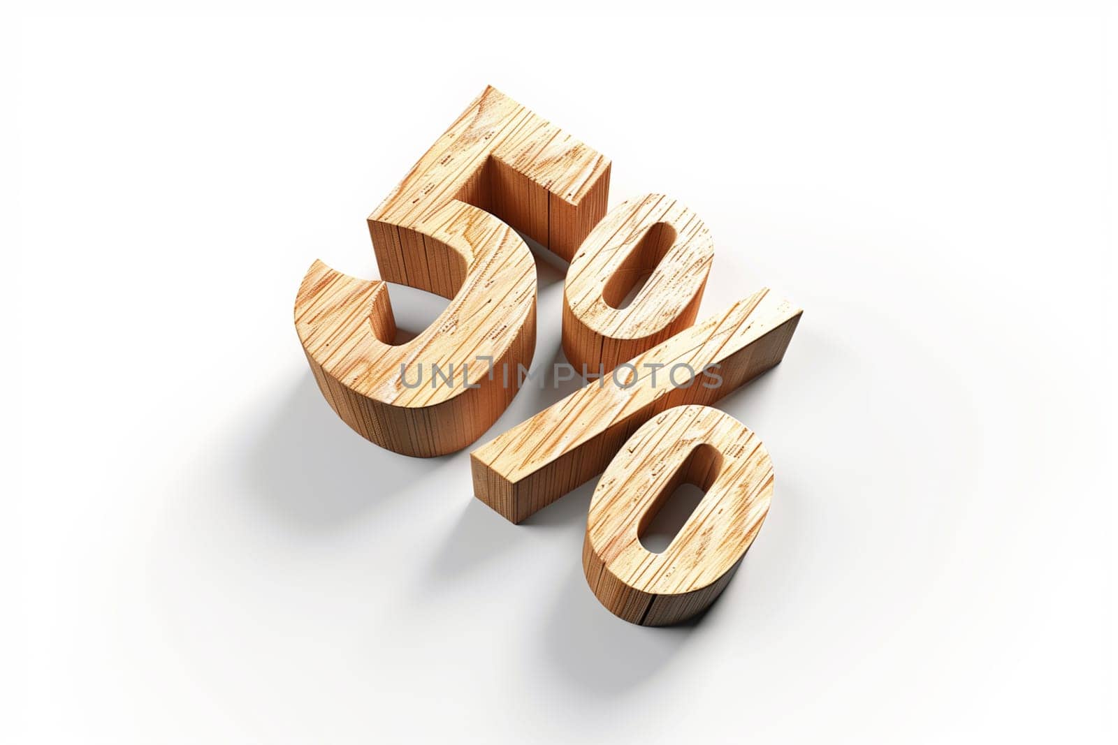 A wooden textured 5 percent figure in a prominent place, casting a soft shadow, symbolizes discounts and deposits.