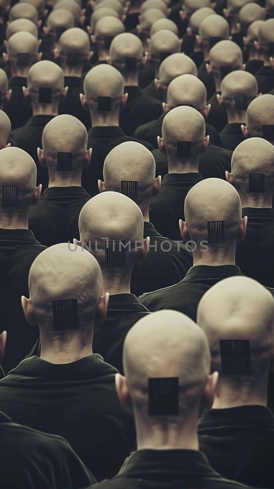 Uniformed Bald Figures With Barcodes on Their Heads Standing in Rows by Sd28DimoN_1976