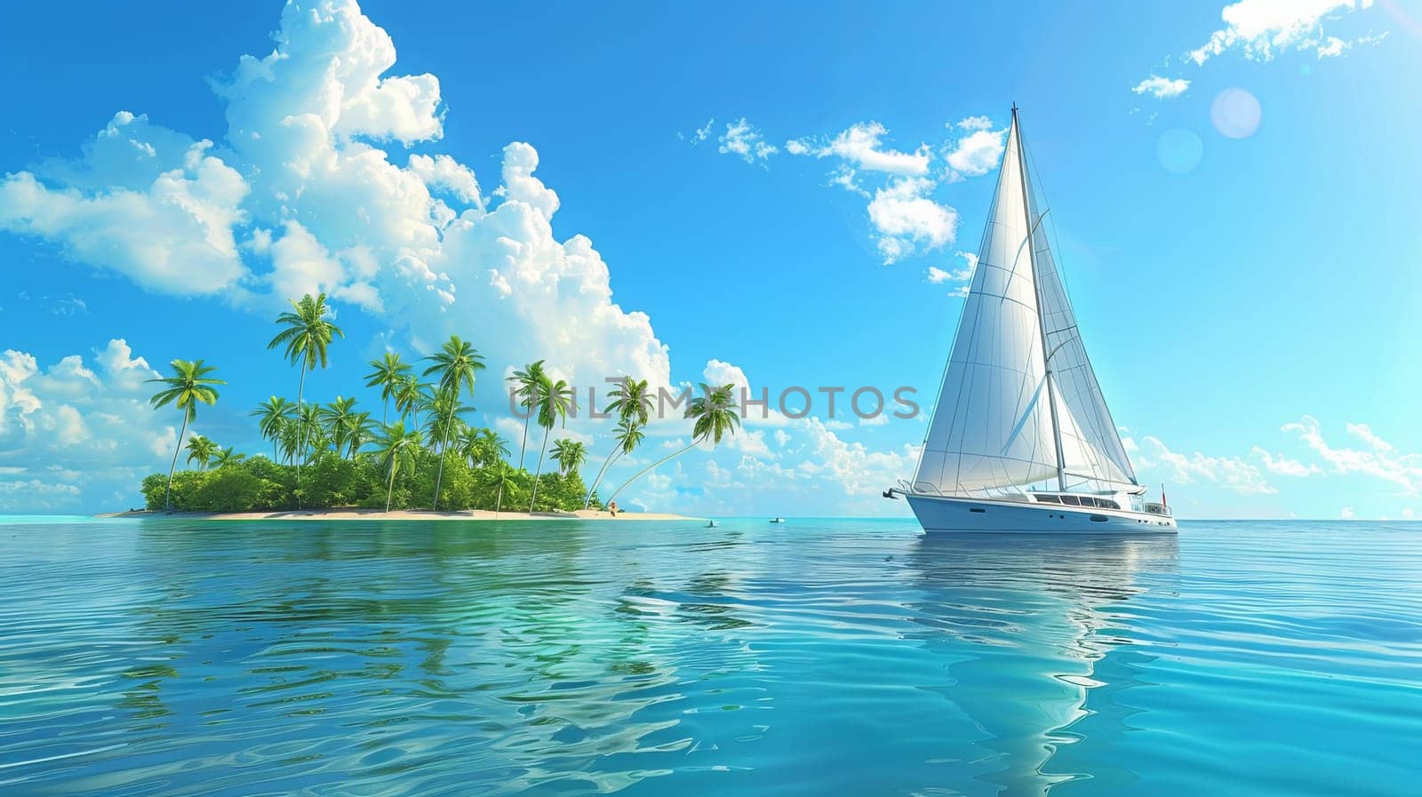A majestic sailboat gracefully cruises through the ocean, with a serene small island in the background.