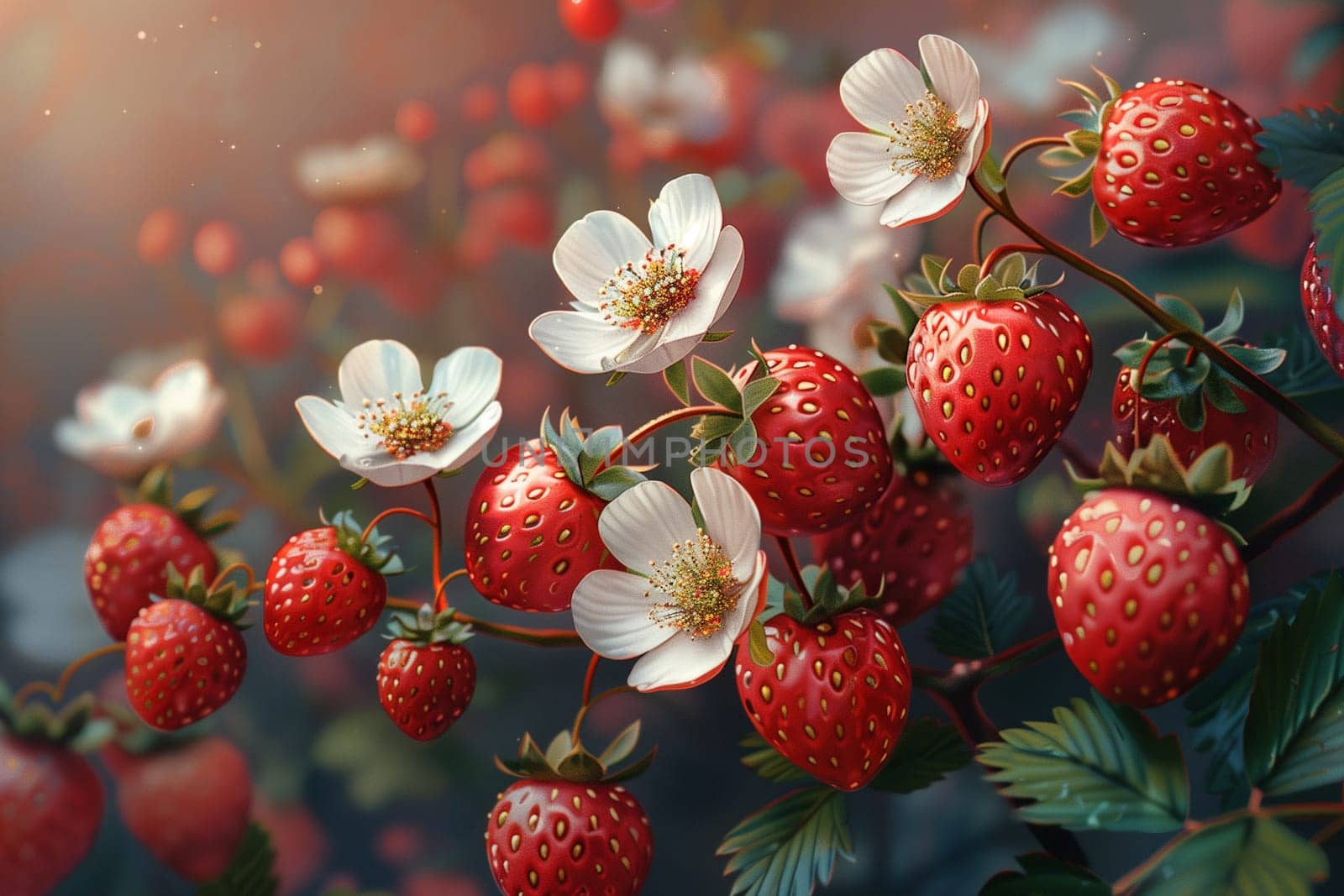 A bunch of ripe strawberries with green leaves in the foreground, set against a soft focus of white flowers in the background.