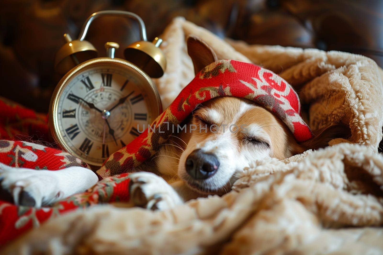A domestic dog is peacefully sleeping next to an alarm clock, indicating a moment of rest and relaxation in a typical household setting.
