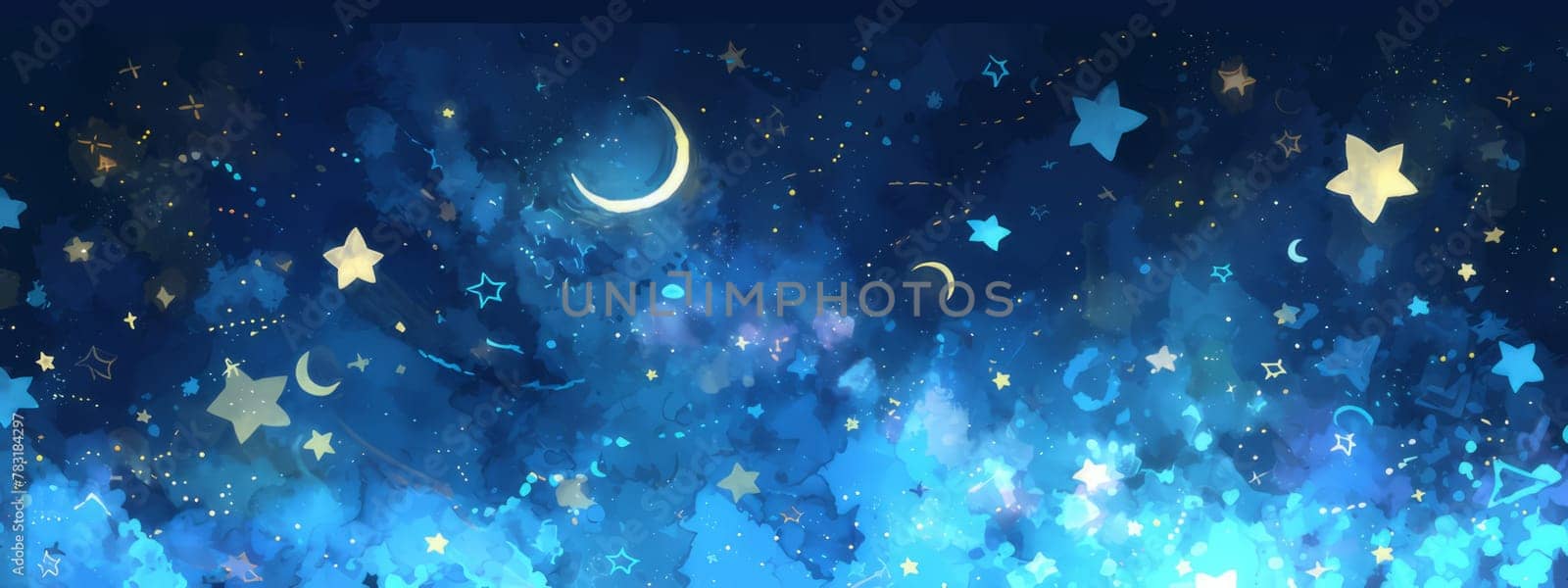 Watercolor illustration of Blue Night Sky with golden Stars and Moon. Fairy Tale Night Background Banner. Ai generated