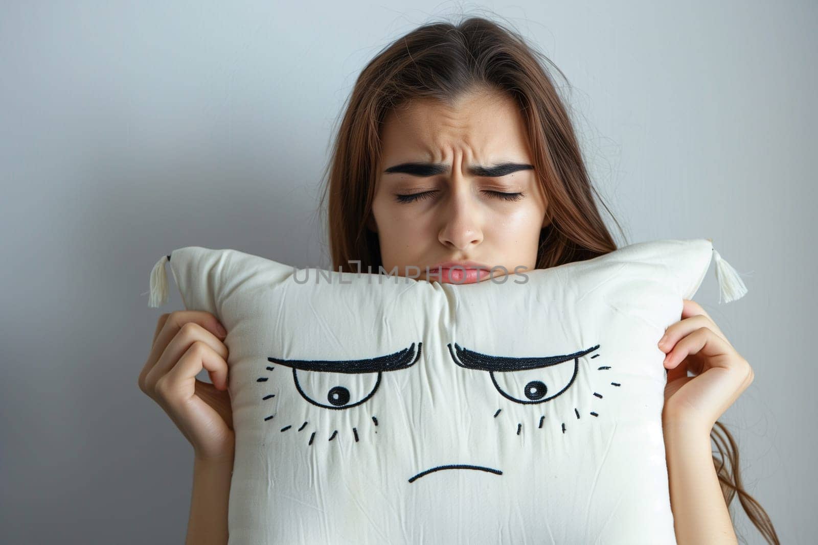 A woman is holding a pillow with a sad face on it, looking dejected and upset.