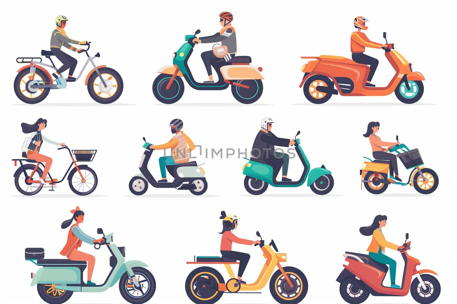 Group of people riding scooters on a plain white background. The individuals are maneuvering their scooters in various directions.