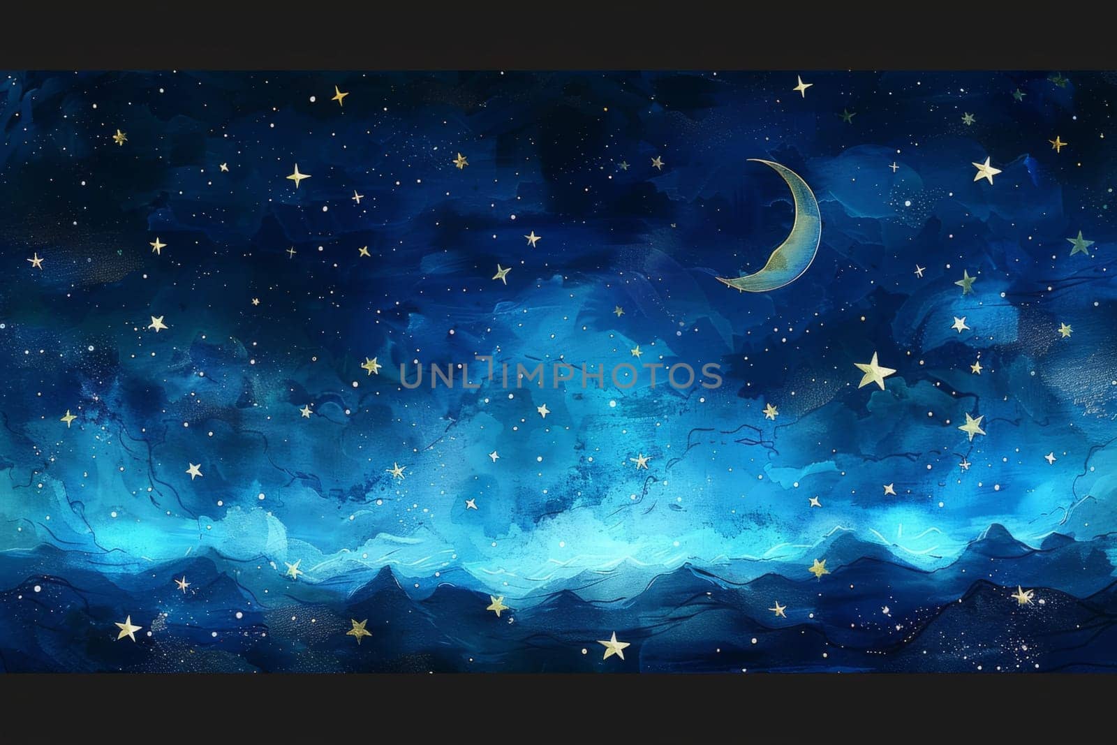 Watercolor illustration of Blue Night Sky with golden Stars and Moon. Fairy Tale Night Background Banner. by iliris