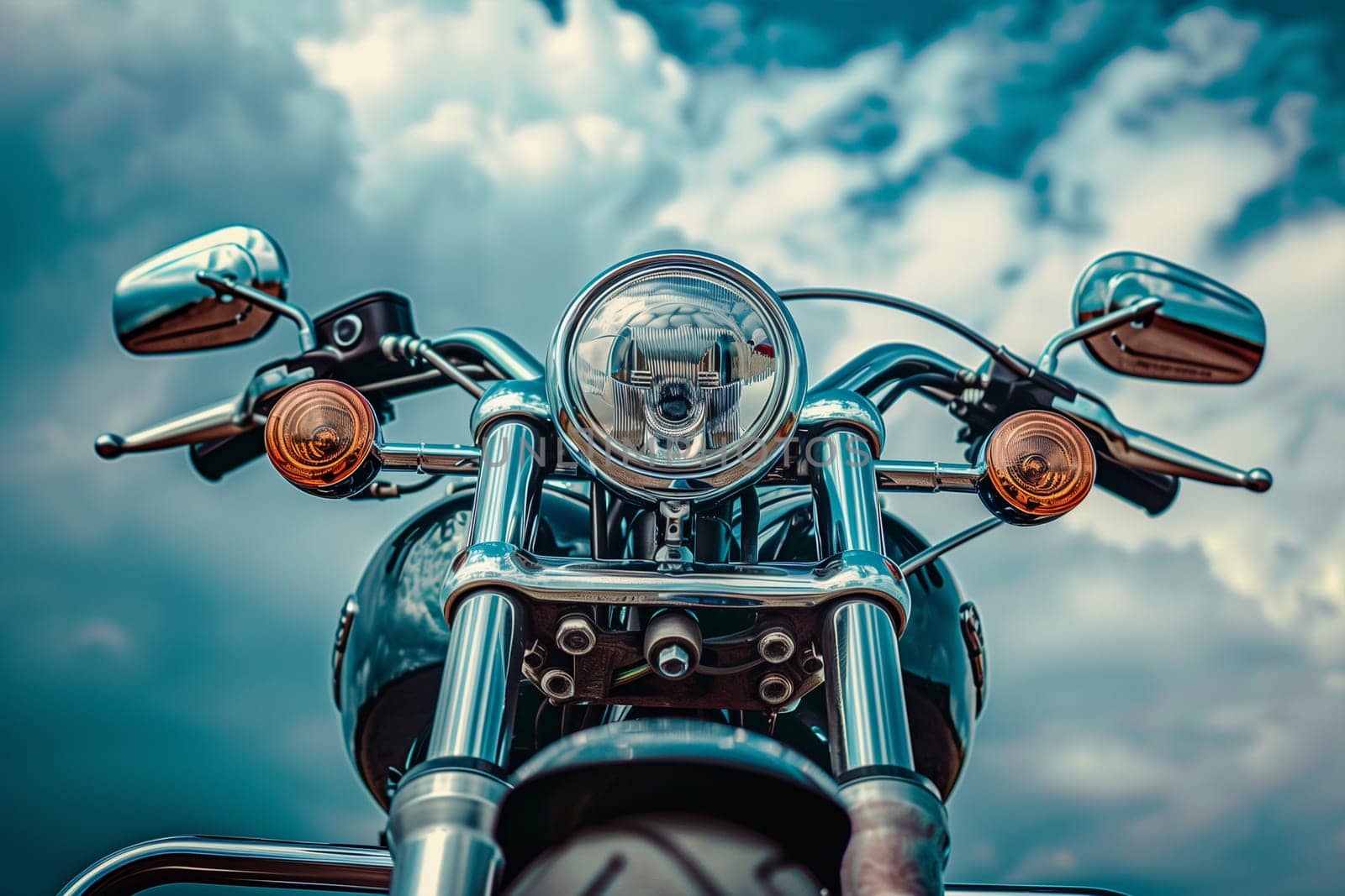 A detailed view of a motorcycle standing prominently with a cloudy sky in the background.