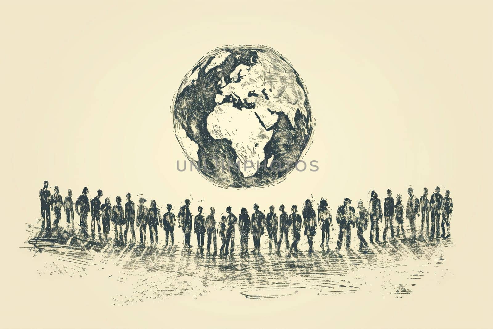 A group of sketched figures forms a circle around an intricately drawn Earth, symbolizing global unity and awareness on World Population Day.