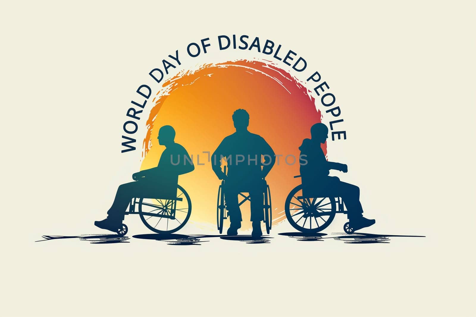 Three silhouettes of individuals in wheelchairs depicted against a warm backdrop, symbolizing solidarity and awareness on World Day of Disabled People.