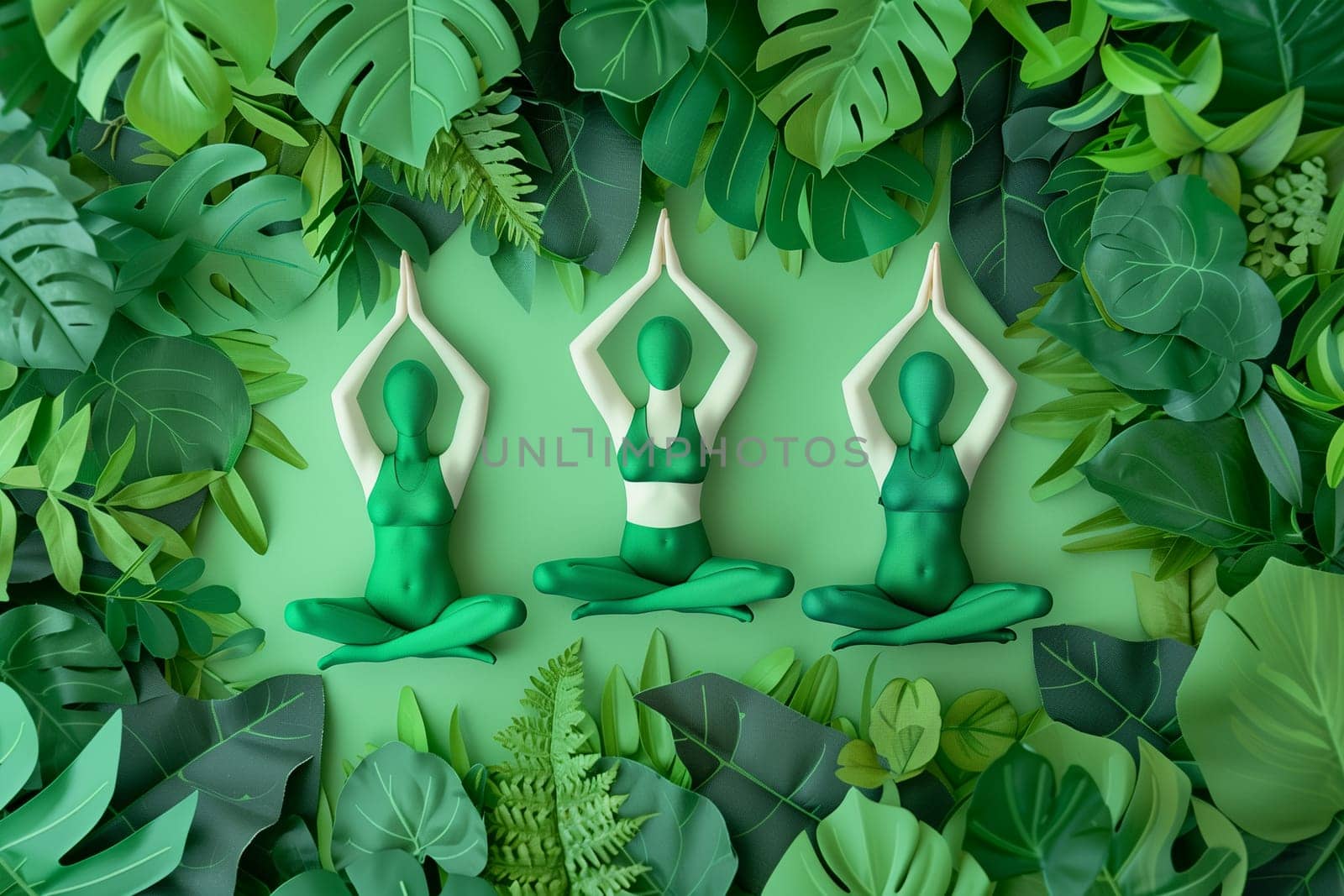 Three green dolls are positioned in various yoga poses amidst a backdrop of green leaves.