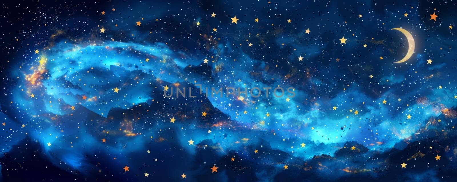 Watercolor illustration of Blue Night Sky with golden Stars and Moon. Fairy Tale Night Background Banner. by iliris