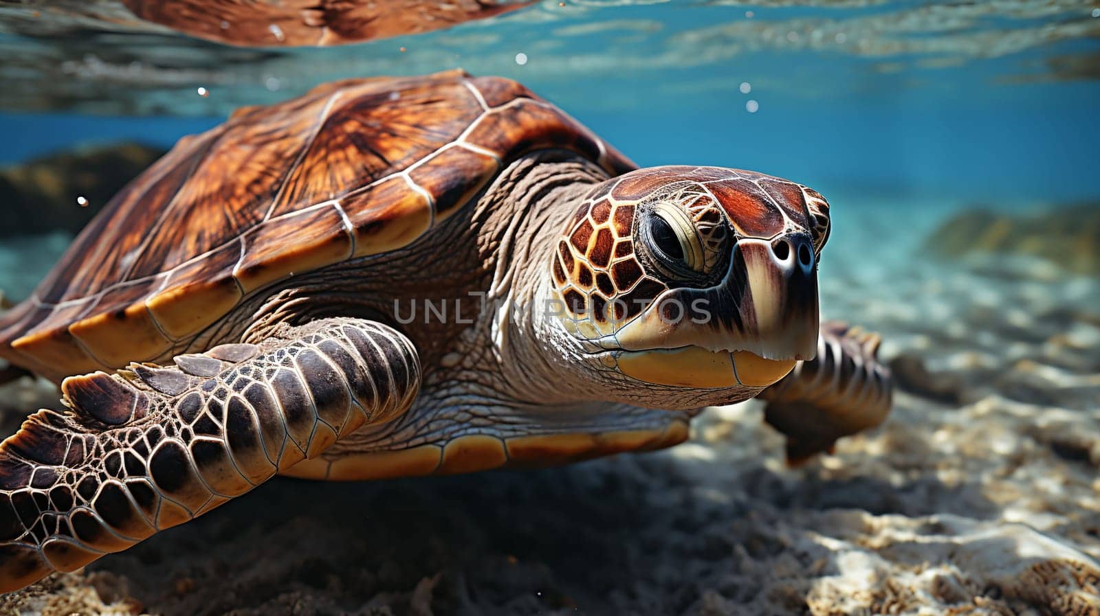 A sea turtle swims close to the sea bed in clear water, its flippers navigating the aquatic environment with ease - Generative AI