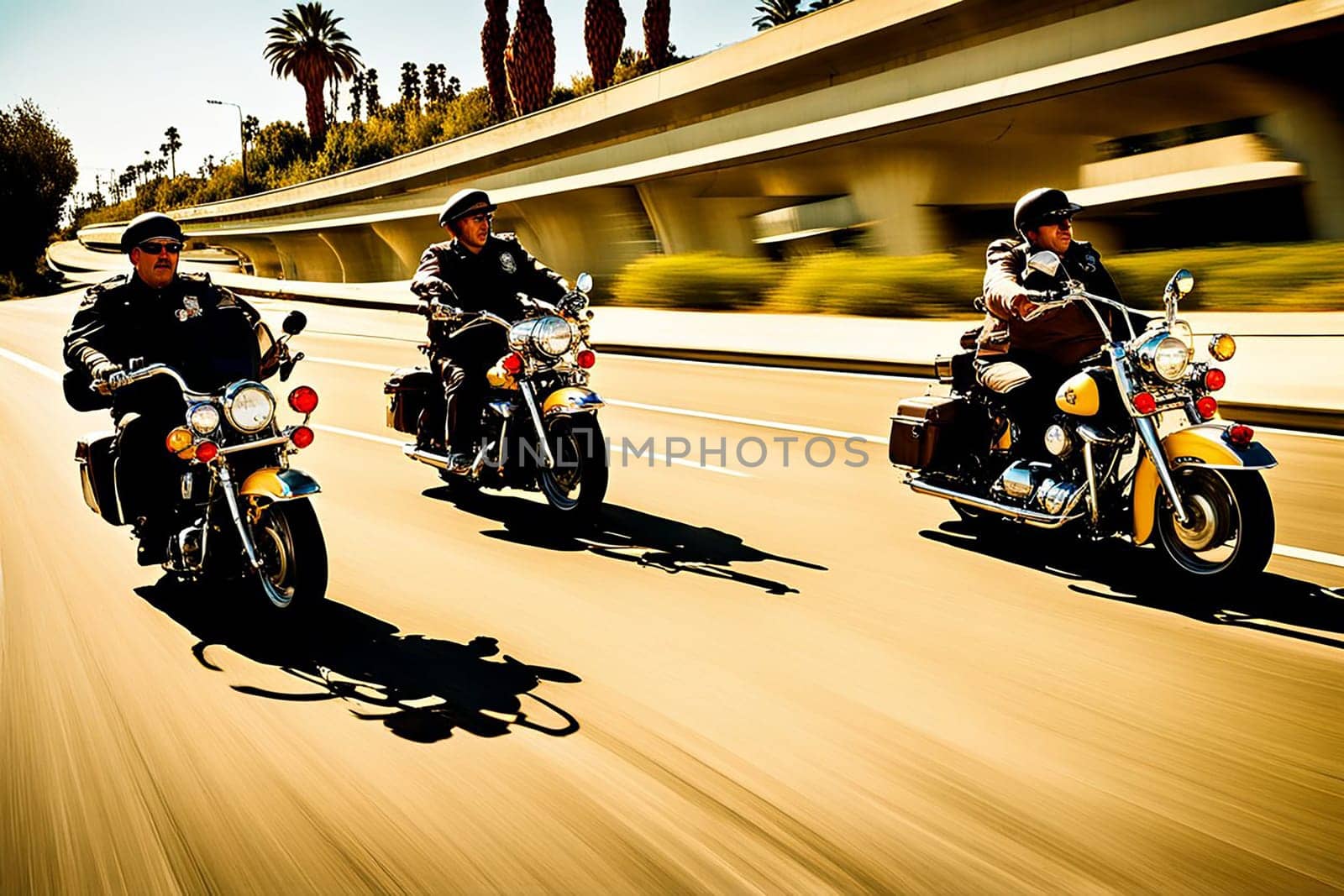 veteran chips police patrol on motorbikes riding steampunk bikes funny postcards generative ai art