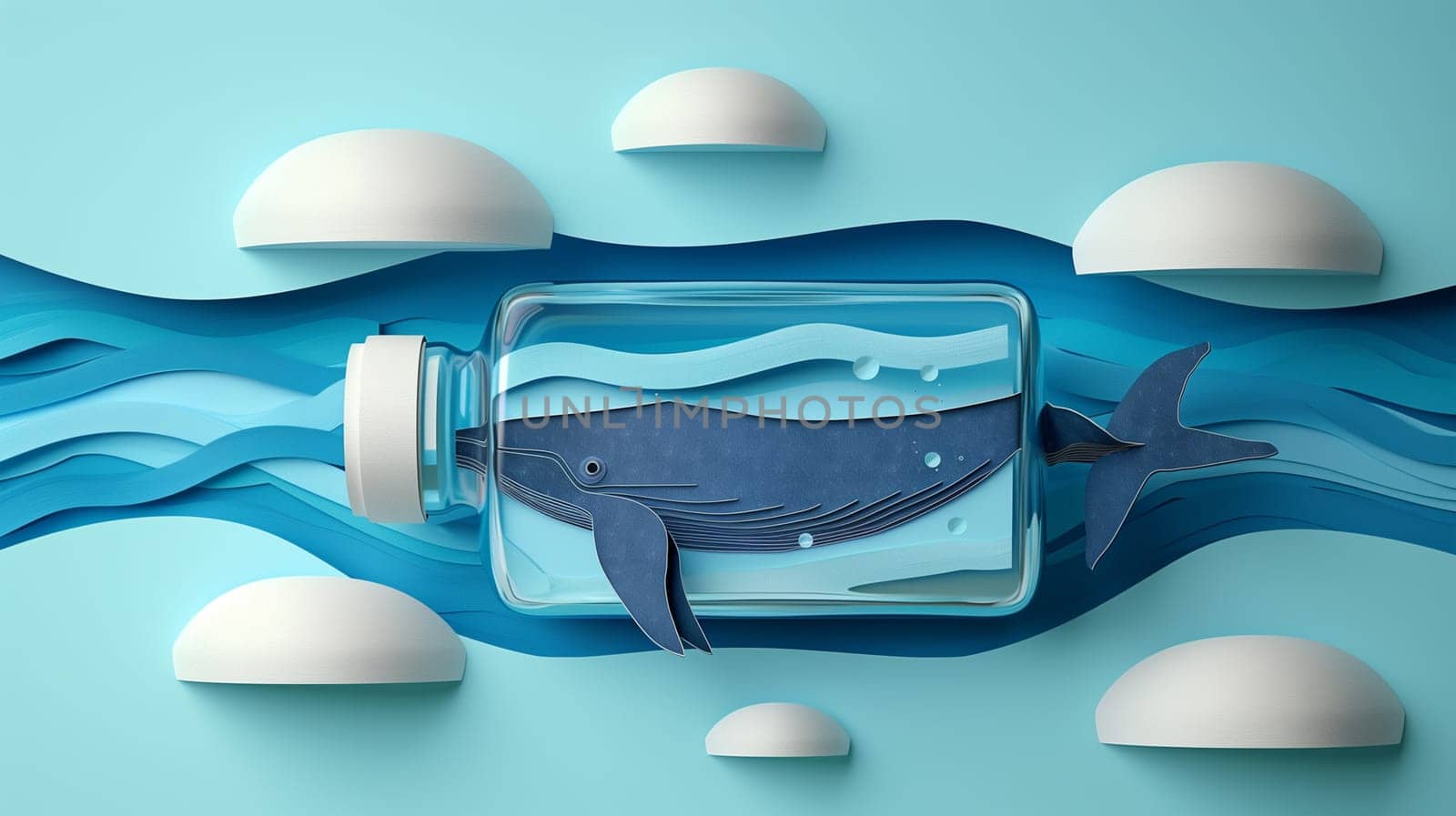 A whale is shown trapped inside a bottle against a backdrop of cloudy sky, illustrating the harmful effects of plastic pollution on marine life.