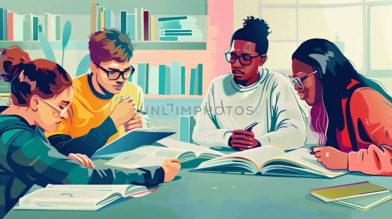 A diverse group of individuals engage in lively discussion while gathered around a book resting on the table.