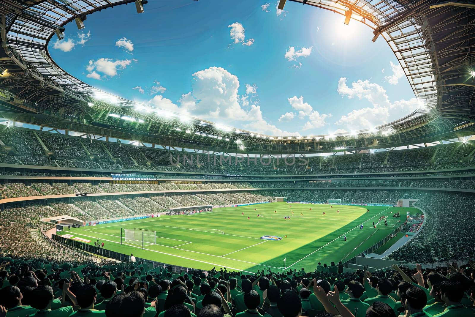 A large stadium brimming with enthusiastic football fans, creating an electric atmosphere during a thrilling match. Generative AI by AnatoliiFoto