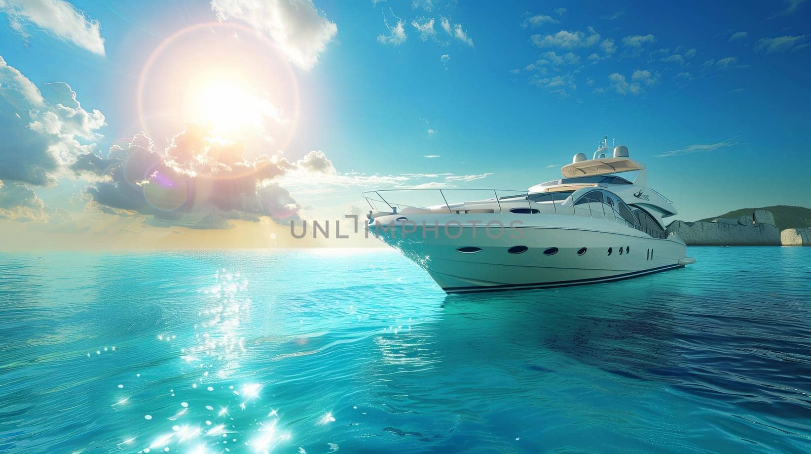 A luxurious white yacht peacefully floats on a tranquil lagoon, surrounded by palm trees and serenity.