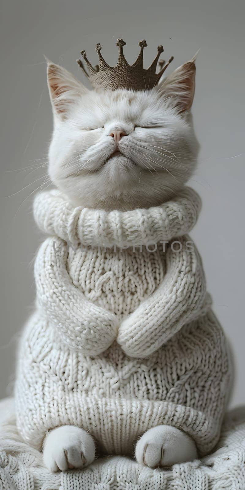 A grey Felidae wearing a sweater and crown, resembling a small sculpture. Its whiskers frame its snout, giving it a regal gesture in cat art