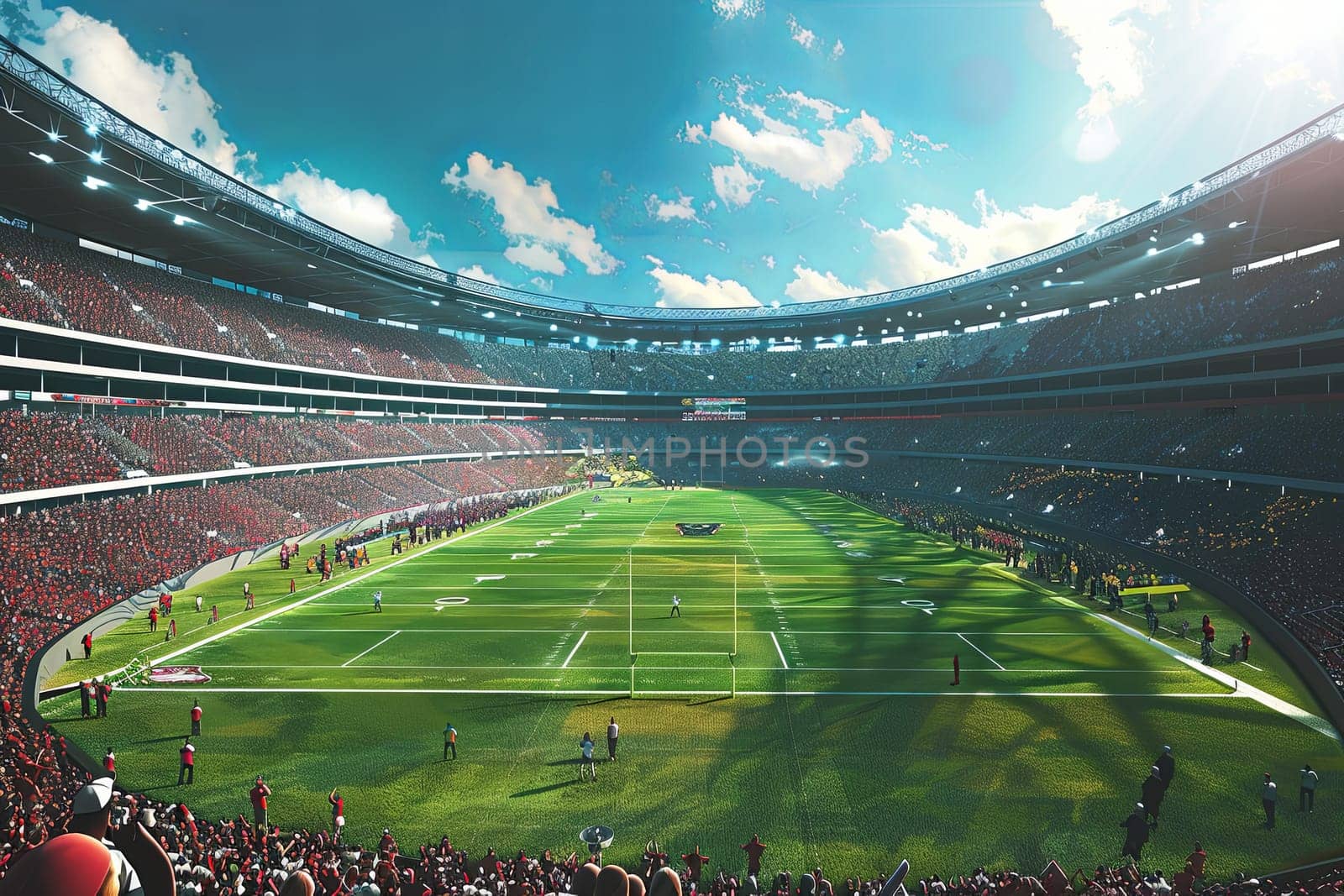 A large stadium filled with enthusiastic fans, cheering and supporting their teams on the football field. Generative AI by AnatoliiFoto