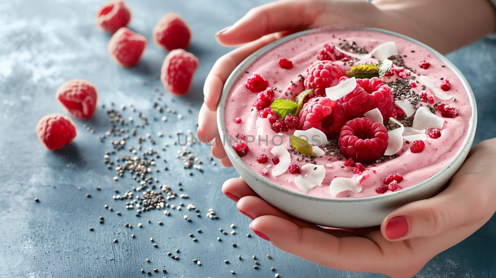 Hands cradling a bowl filled with a pink raspberry smoothie, garnished with whole raspberries, chia seeds, and nuts on a blue background - Generative AI