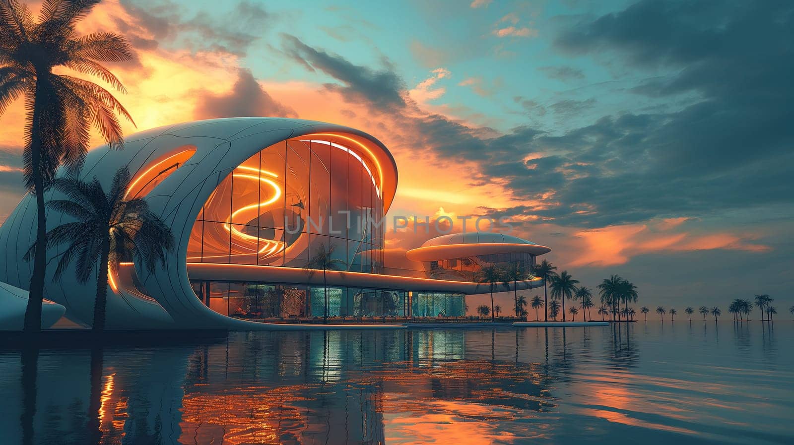 Sunset Reflections on Futuristic Waterfront Architecture by chrisroll
