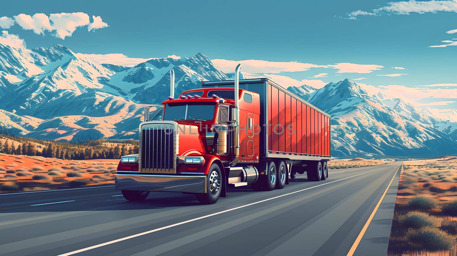A red semi truck is cruising down the highway, its wheels rolling on the asphalt road surface, with mountains and a snowy sky in the background