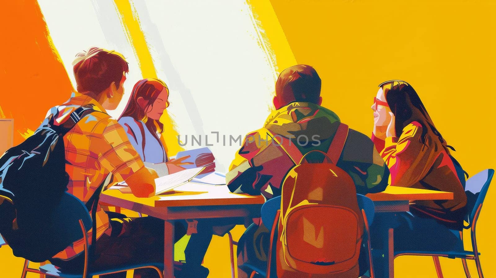 A diverse group of young people deeply engaged in a lively discussion while sitting around a table. Generative AI by AnatoliiFoto
