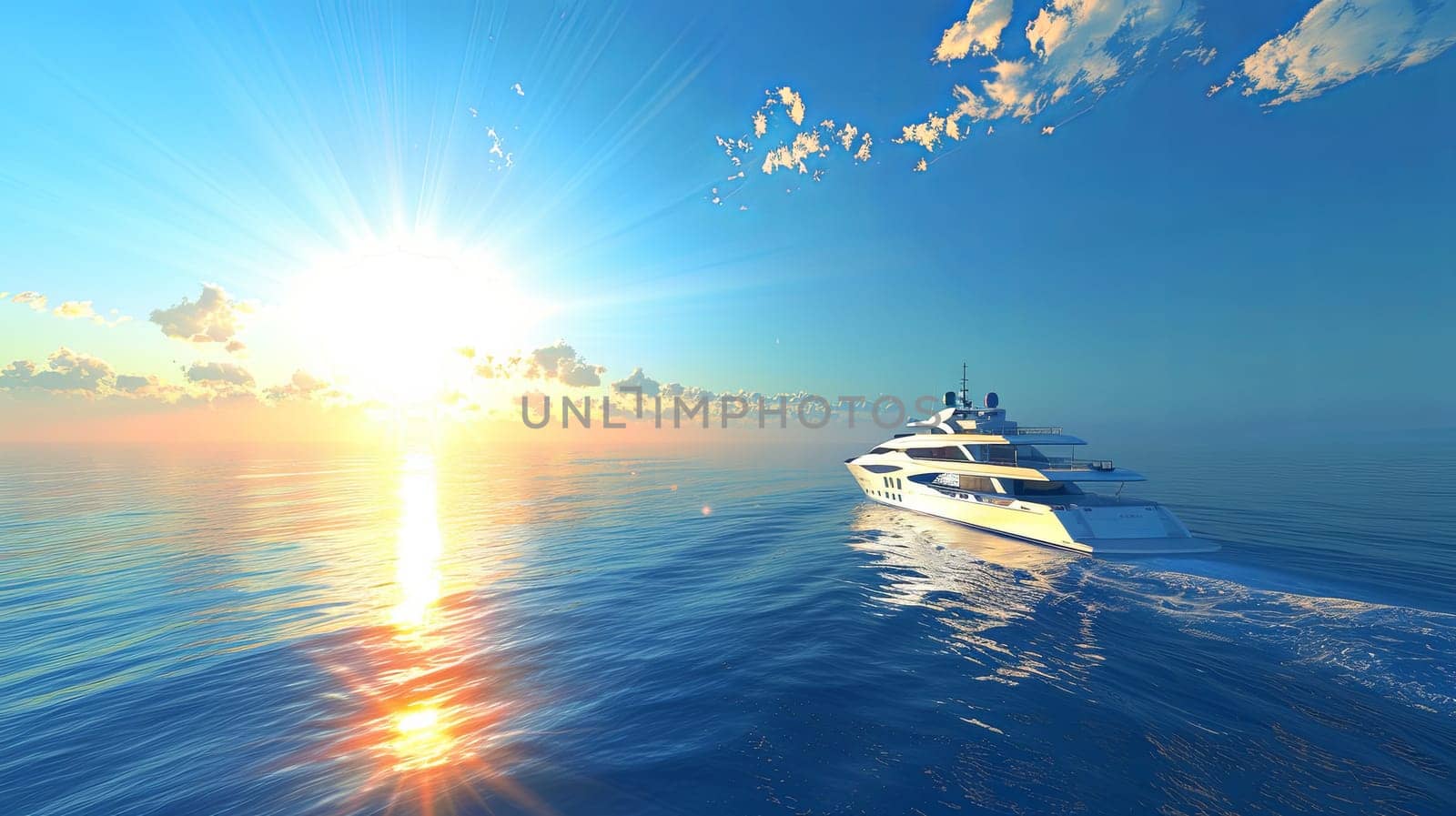 A luxurious white yacht peacefully floating atop calm waters, surrounded by serene views of a quiet lagoon with lush palm trees lining the shores. Generative AI by AnatoliiFoto