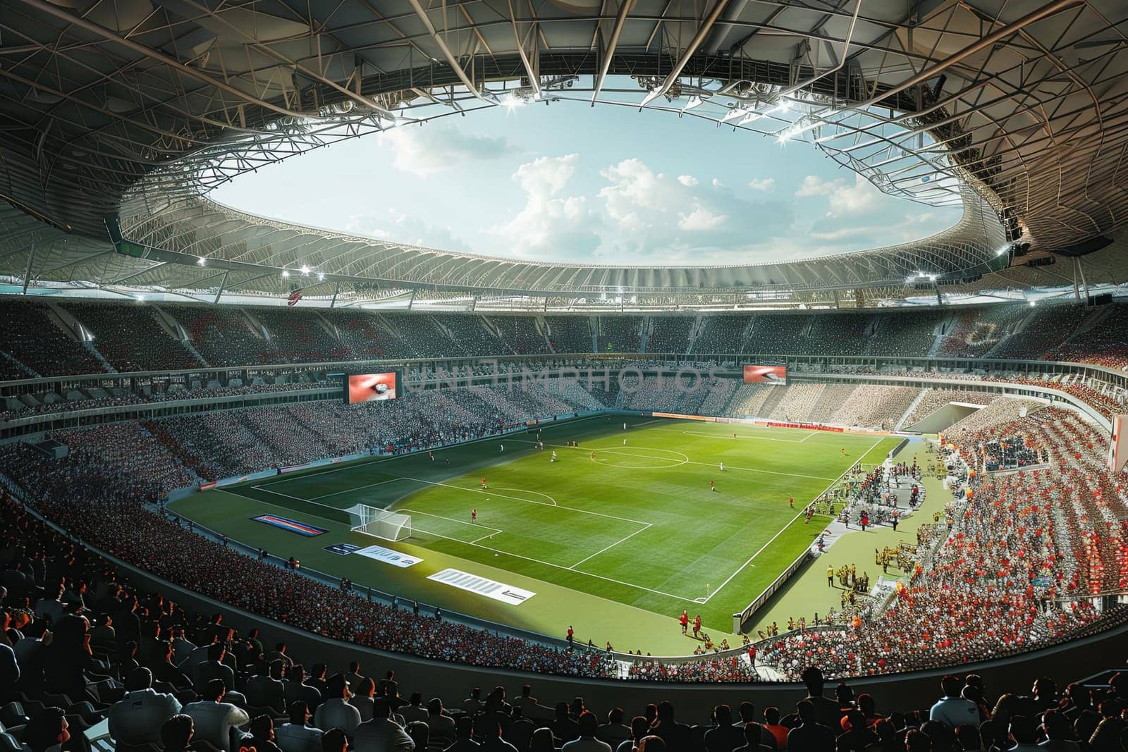 A large stadium packed with enthusiastic fans cheering during a football match. Generative AI by AnatoliiFoto