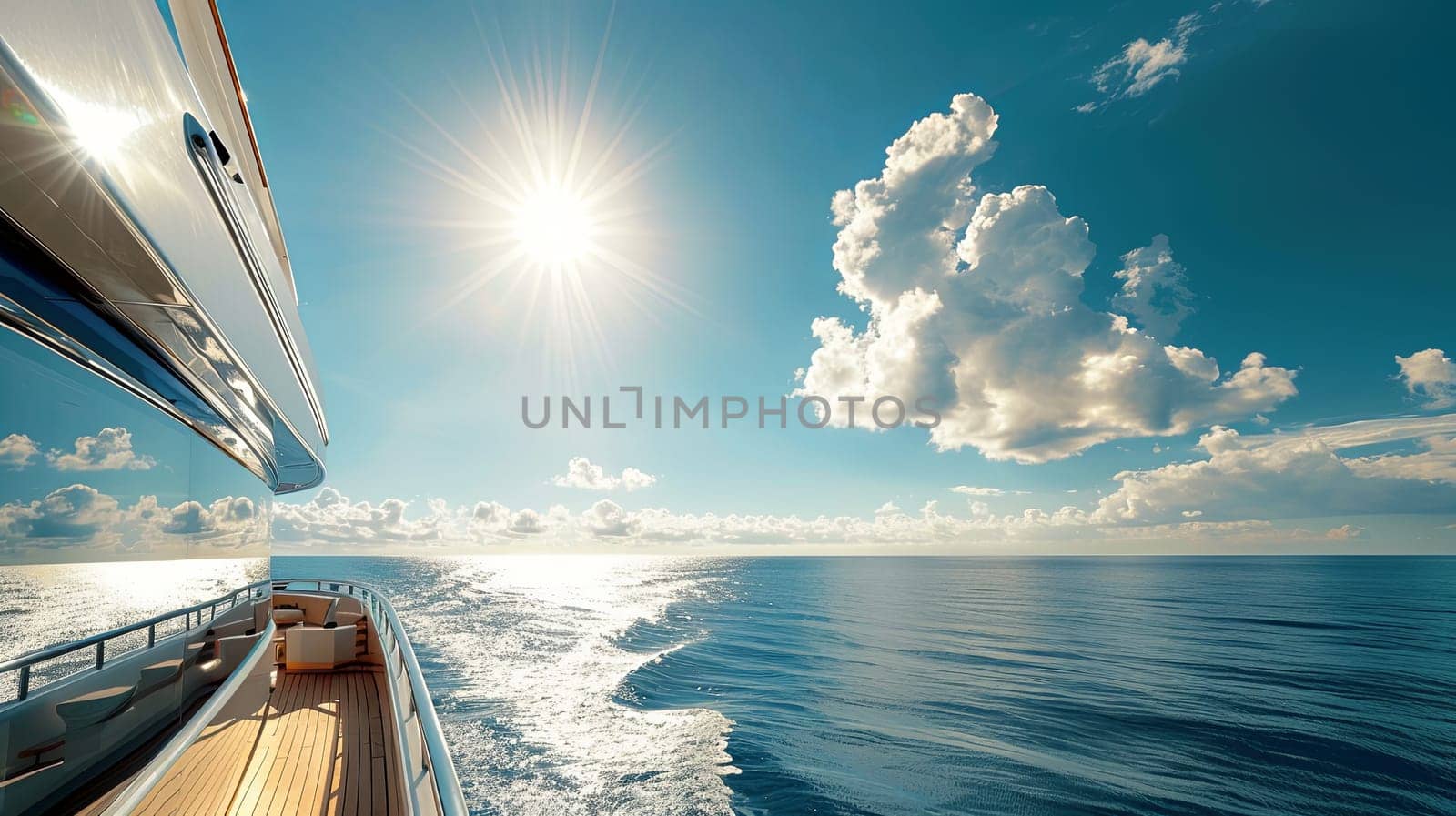 A golden sun shines brightly over the calm ocean, reflecting on the water while a boat sails through the picturesque scene. Generative AI by AnatoliiFoto
