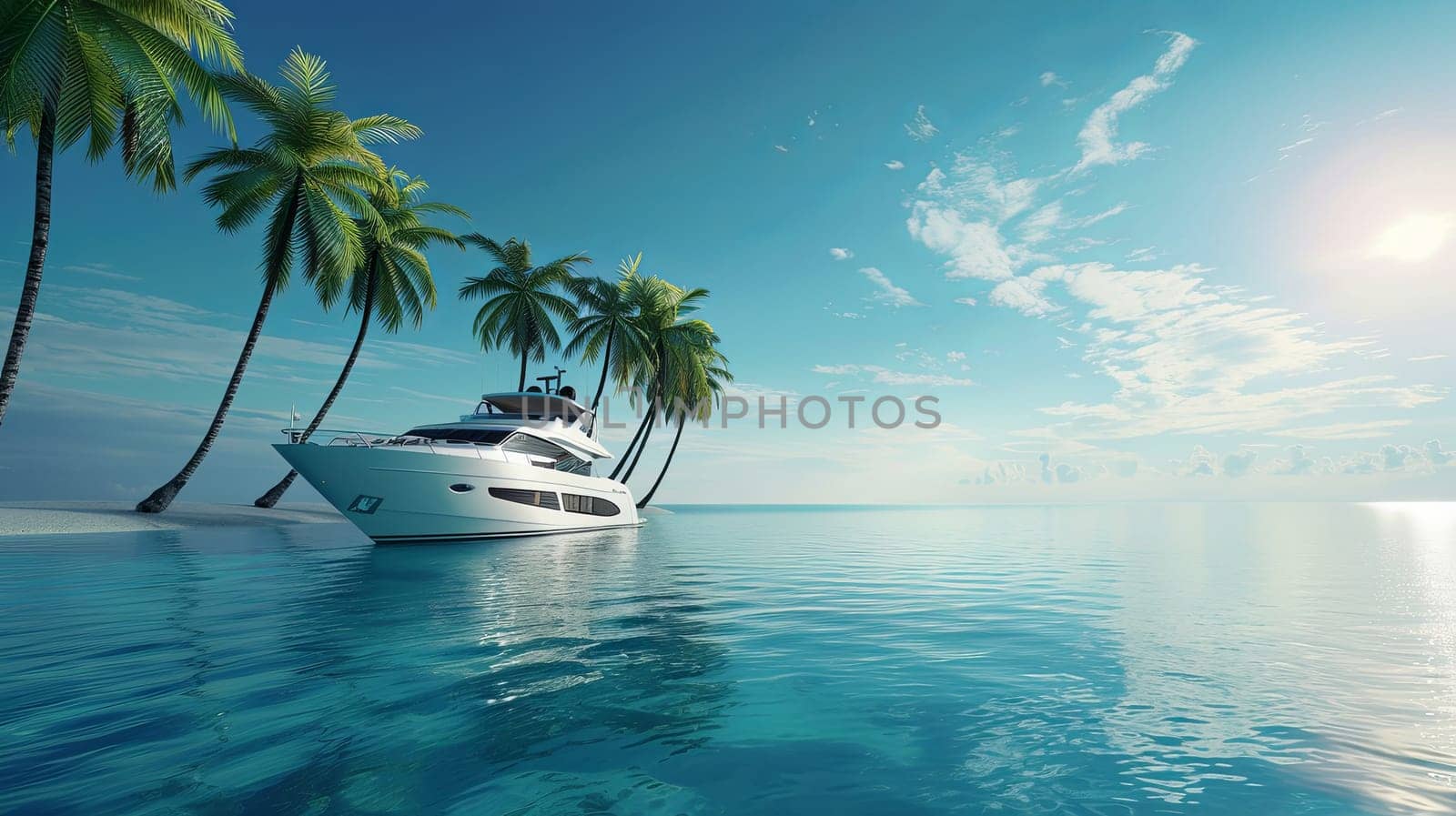 A serene scene unfolds as a white boat peacefully sails through the vast ocean, surrounded by lush palm trees under the clear sky.