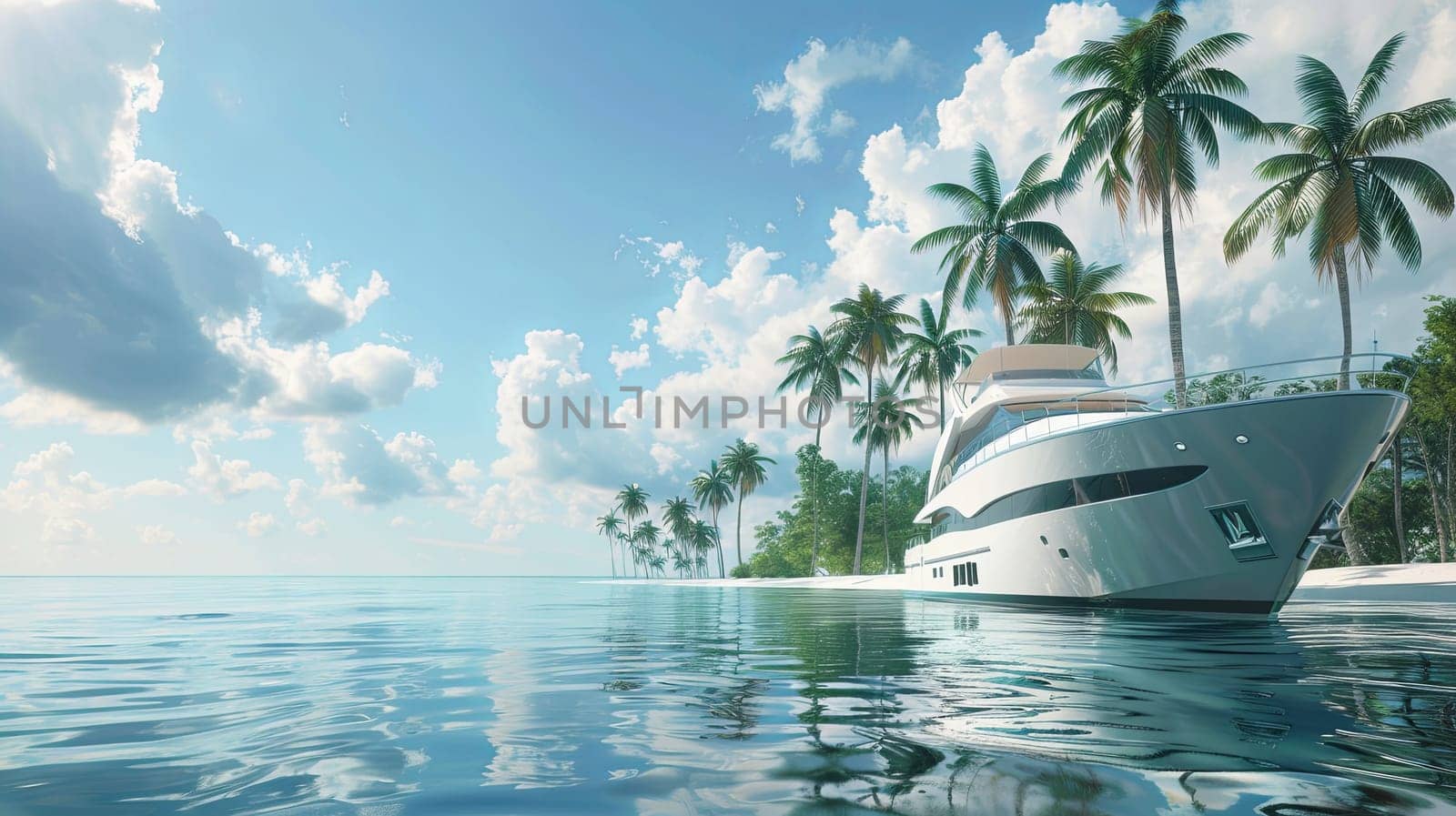 A large white boat gracefully floats on top of a calm body of water, surrounded by the peaceful beauty of a tranquil lagoon with lush green palm trees lining the shore. Generative AI by AnatoliiFoto