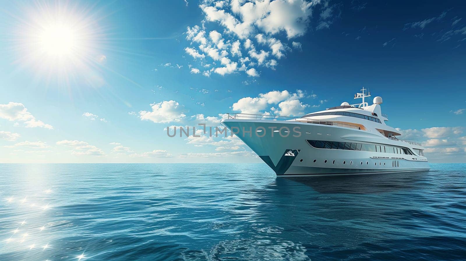 A large white yacht peacefully glides through the vast ocean, surrounded by nothing but water.