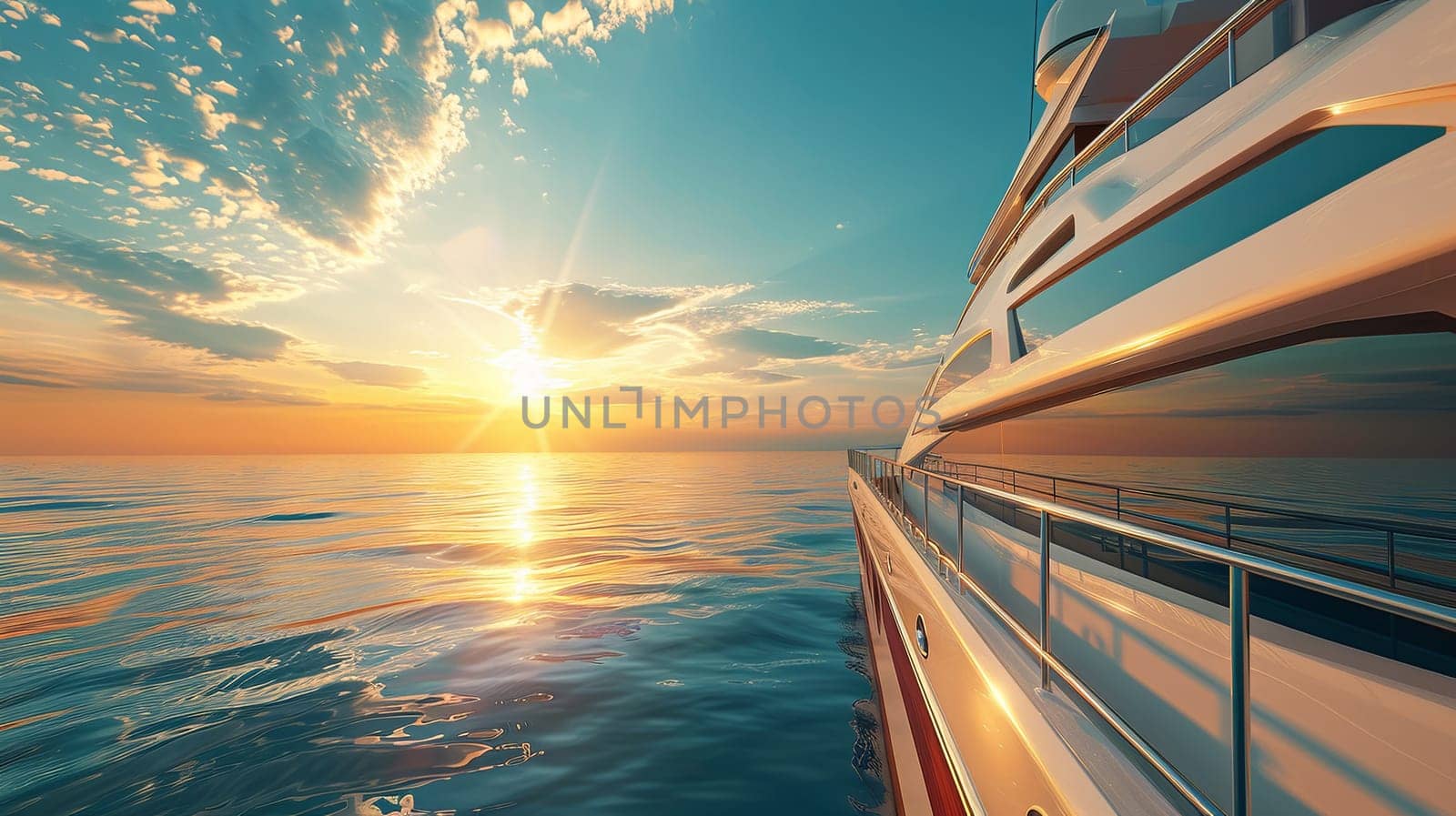 A luxurious yacht peacefully navigating through a quiet lagoon as the sun gracefully sets over the tranquil ocean horizon. Generative AI by AnatoliiFoto