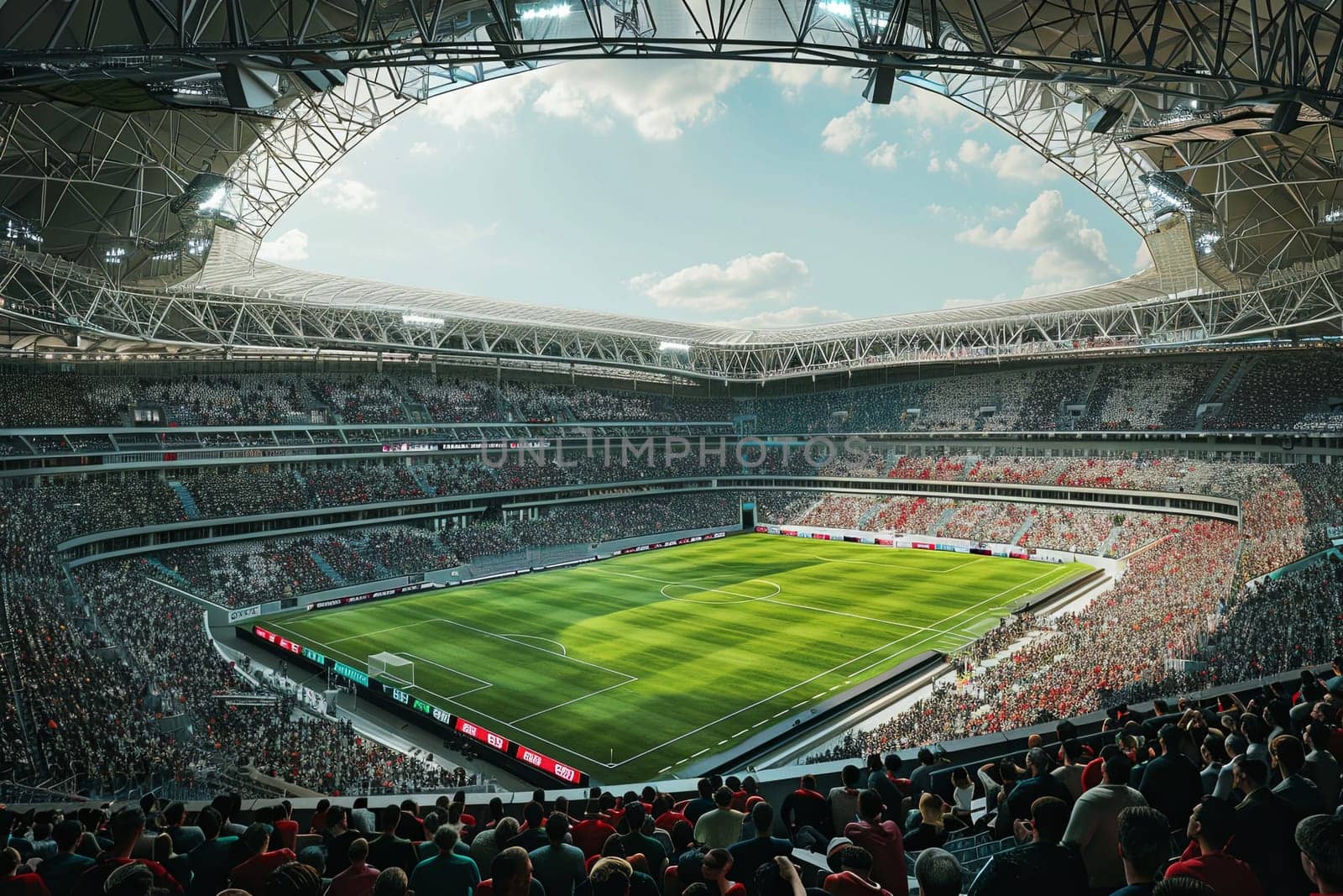 A large stadium filled with enthusiastic football fans watching a match on the field. Generative AI by AnatoliiFoto